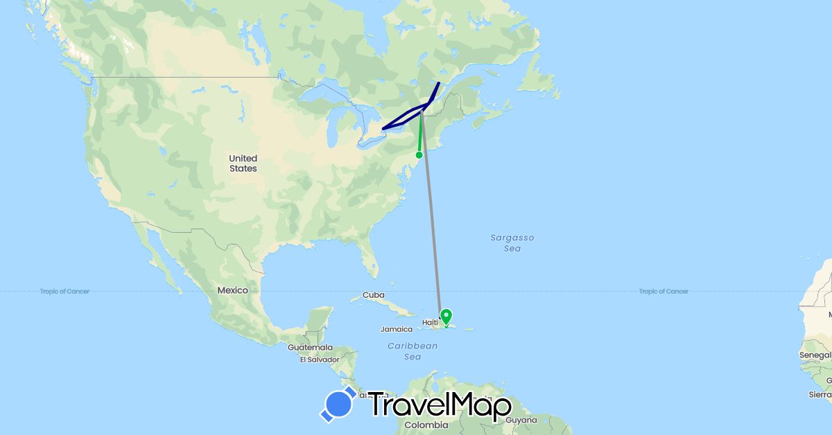 TravelMap itinerary: driving, bus, plane in Canada, Dominican Republic, United States (North America)